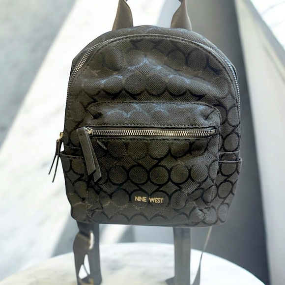 Chic & Compact: Nine West Taren Mini backpack Black logo canvas & leather - Picture 1 of 11